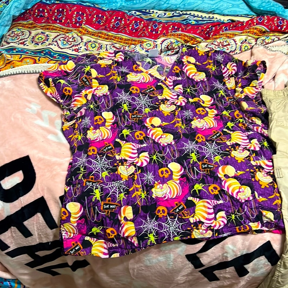 Alice in Wonderland Plus Size Scrub Top: Cheshire Cat, Halloween Theme and Sale!